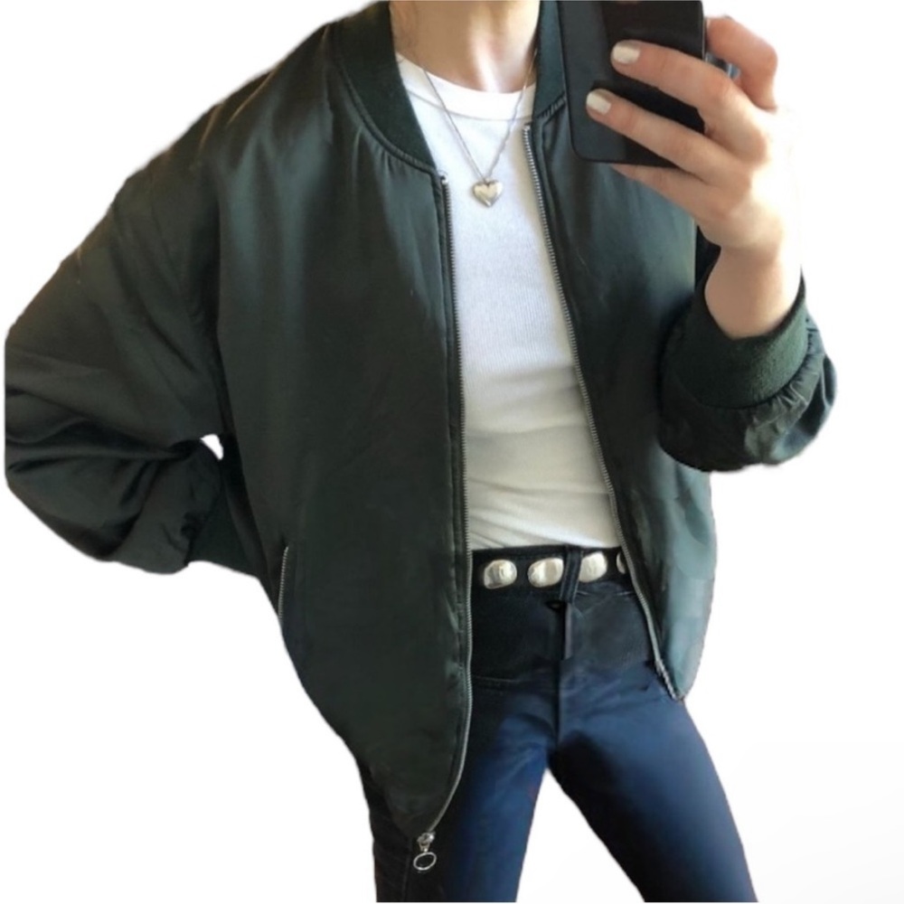 ZARA COLLECTION Green Silky Relaxed O-Ring Zipper Bomber Jacket Small |fits XS-M - Picture 8 of 16
